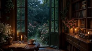Дождь в Библиотеке с Видом из Окна с Книгой и Чаем при Свечах для Сна и Релакса