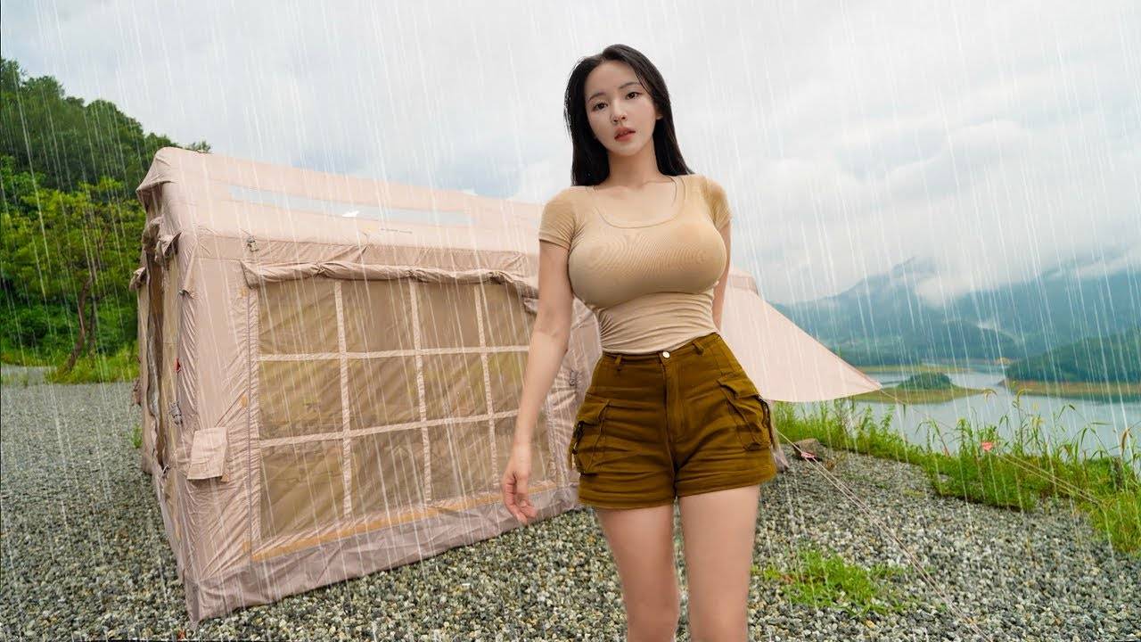 ☔️Кемпинг в сильный дождь с 2-комнатной надувной палаткой | Дождь ASMR