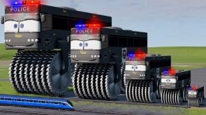 Большой и маленький полицейский автобус Молния Маккуин с двойными колесами-монстрами против поездов