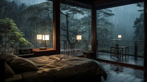 Дождь в Уютной Спальне с Лампами и Террасой для Сна и Расслабления