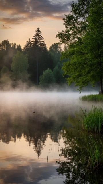 Пение соловья ранним летним утром на туманном озере.