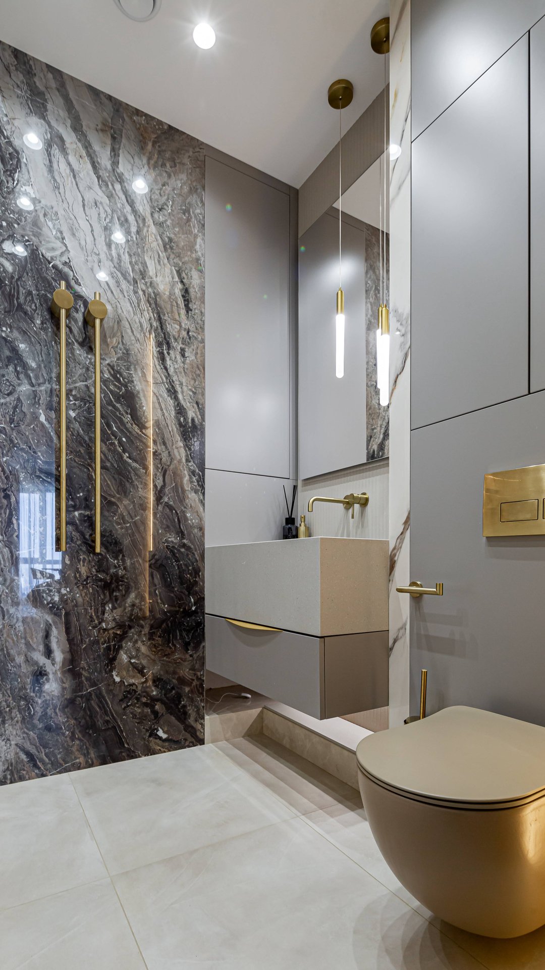 Реализованный дизайн интерьера ванной. Современный стиль, жк Wellton Towers 112 м2.