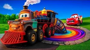 🌈 Трансформация радужной ямы: Большая и маленькая Молния Маккуин и Мама против машин