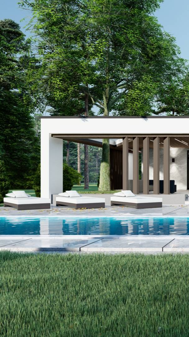 Проект одноэтажного дома с большой террасой и бассейном смотреть онлайн