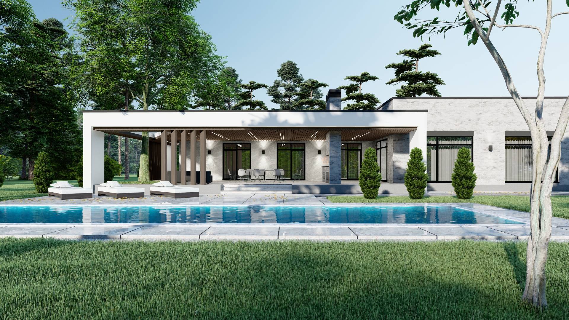 Проект одноэтажного дома с большой террасой и бассейном. Площадь дома 300 кв.м смотреть онлайн