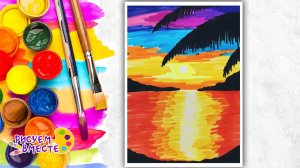 Как нарисовать красивый пейзаж маркерами: закат, море, пальмы - урок рисования для детей