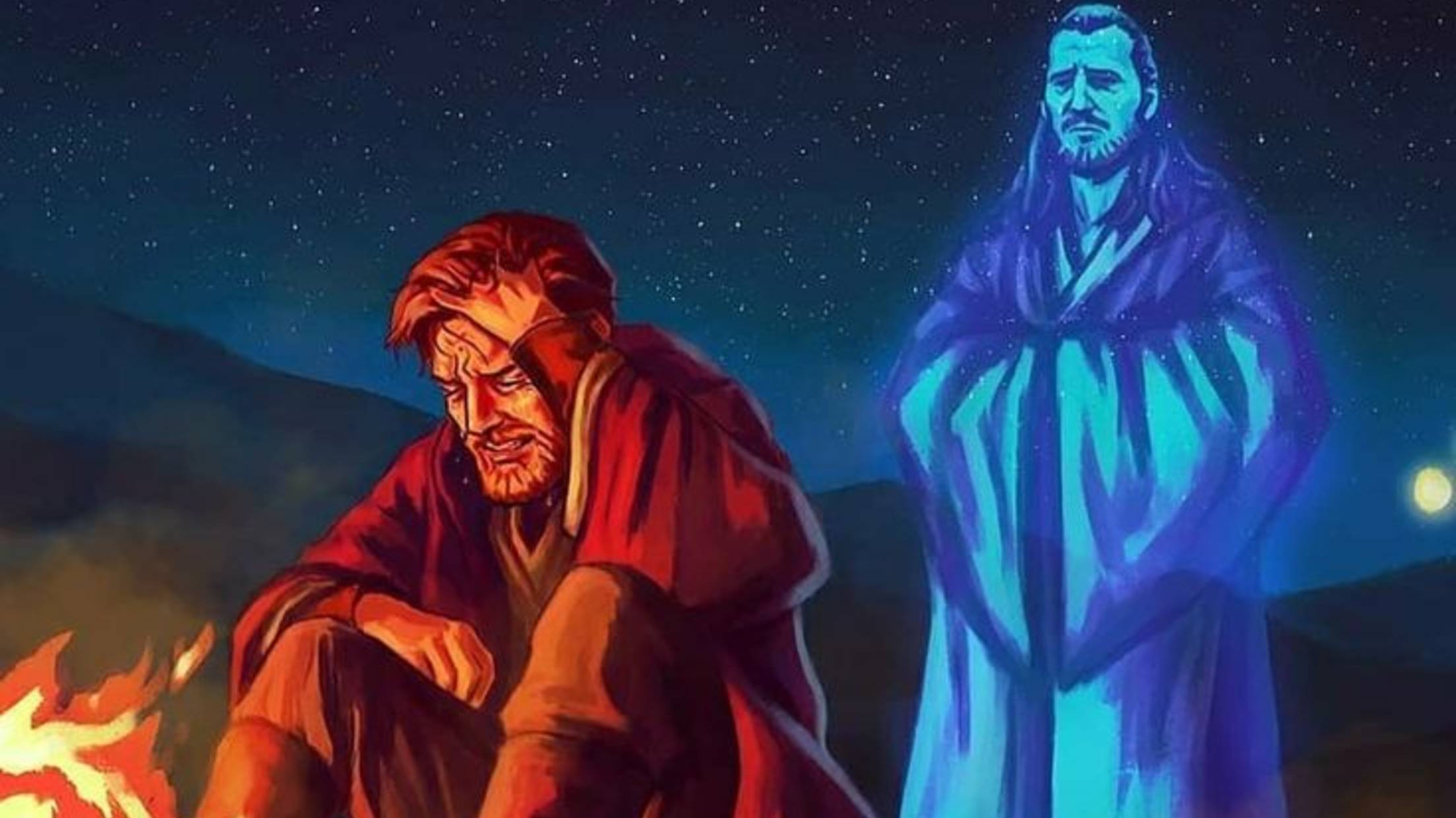 Star Wars: Stories (video 2nd) Qai-Gon Jin I Obi-Wan Kenobi, in sand.