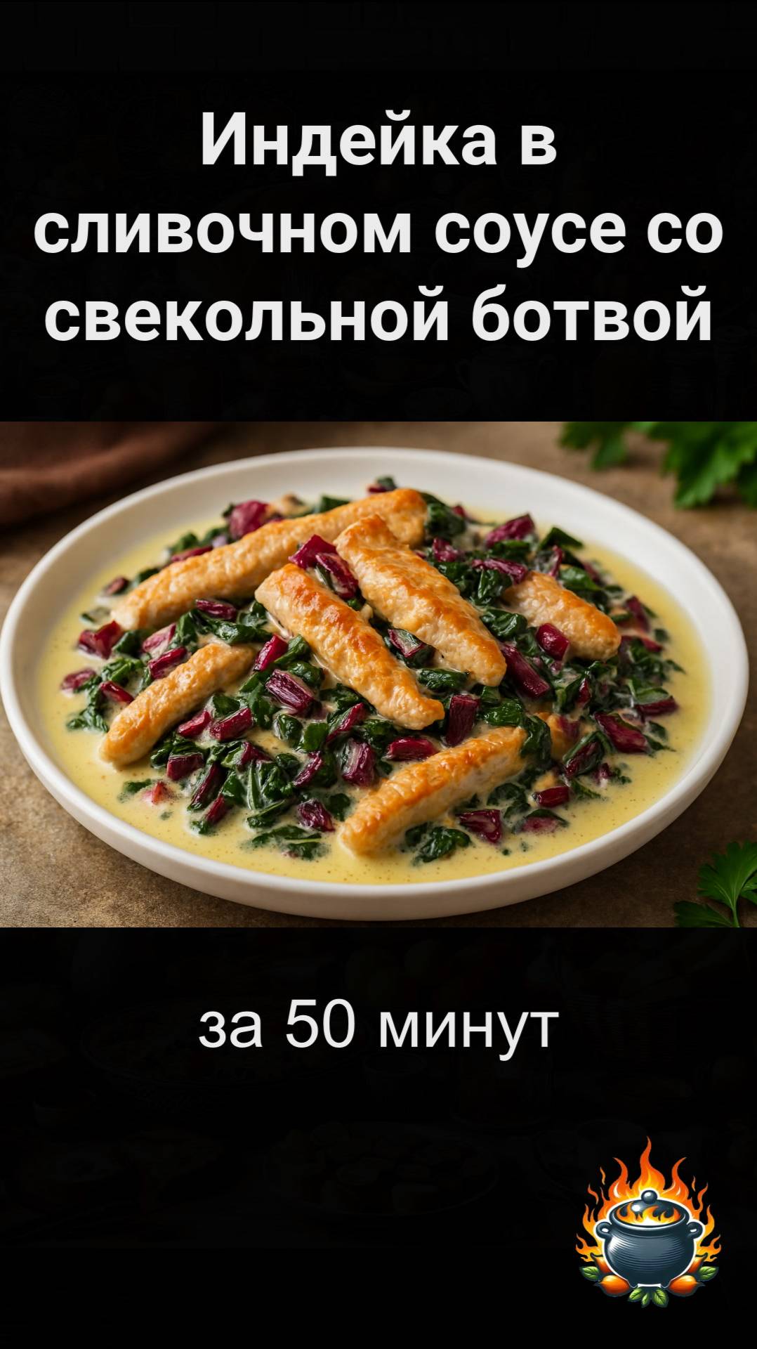 Индейка в сливочном соусе со свекольной ботвой