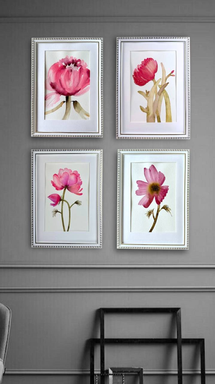 Картина акварелью с цветами, в раме с паспарту «Вальс цветов» 22х32 см.