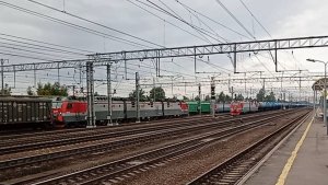 Грузовой поезд с электровозом 2ЭС4К-026 на станции Мга