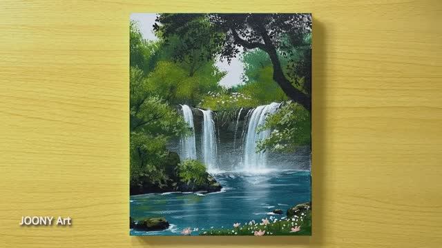 Рисуем пейзаж с водопадом красиво и просто / Акриловая живопись смотреть онлайн