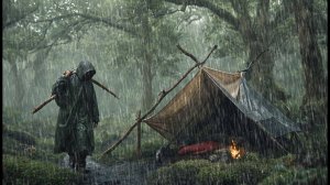 кемпинг в сильный дождь гроза строительство теплого убежища // готовка под дождем BUHCRAFT