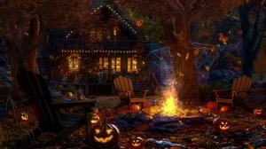 🎃Уютный осенний дом с привидениями, атмосфера Хэллоуина с костром и звуками сверчков