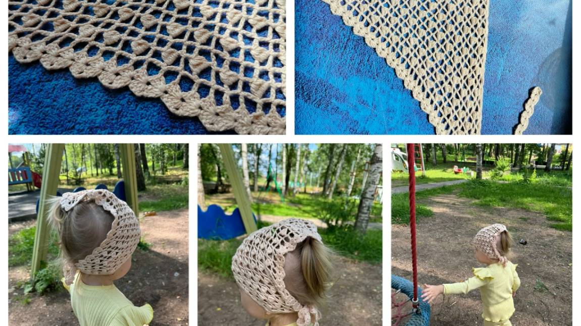 Вязаная ажурная косынка крючком. подходит как взрослому так и ребенку. схема, параметры, пряжа. смотреть онлайн