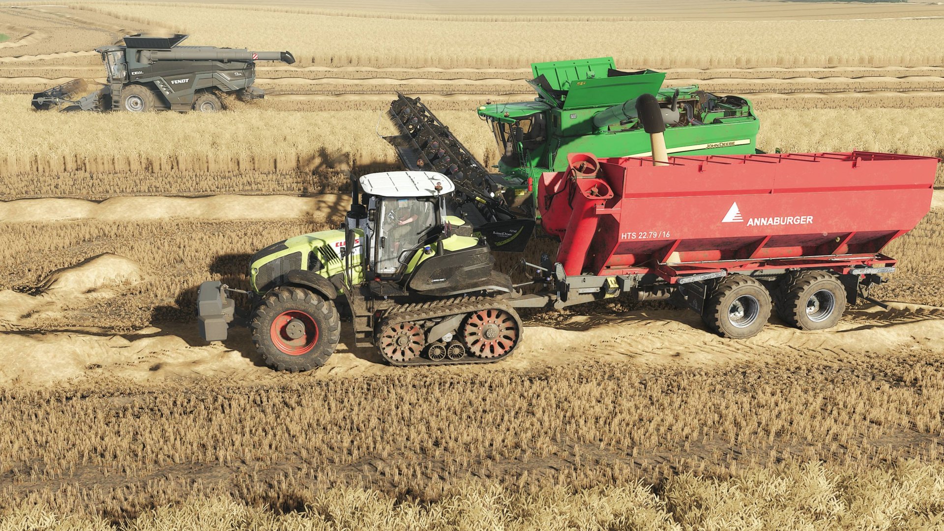 Уборка пшеницы John Deere S680, FENDT IDEAL 9PL, Claas Axion 960TT, John Deere 8R 410, FS25 смотреть онлайн
