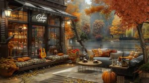 Успокаивающая джазовая гитарная музыка 🍂 Безмятежная сцена в кафе на берегу озера и падающие осени