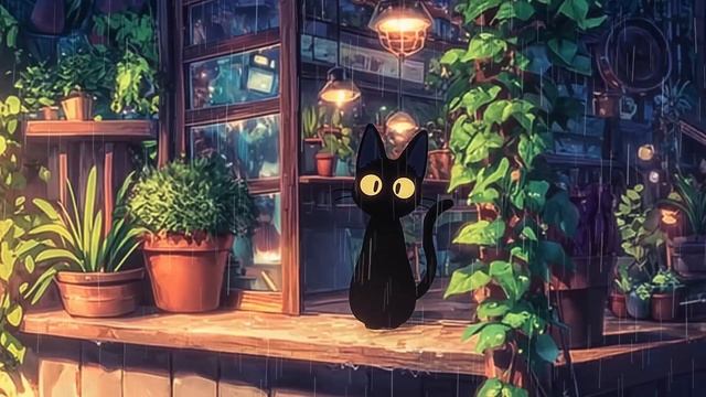 Lofi Rain Black Cat 🌧️ Chill Study By Finik. Relaxing Beats For Sleep, Study,chill.