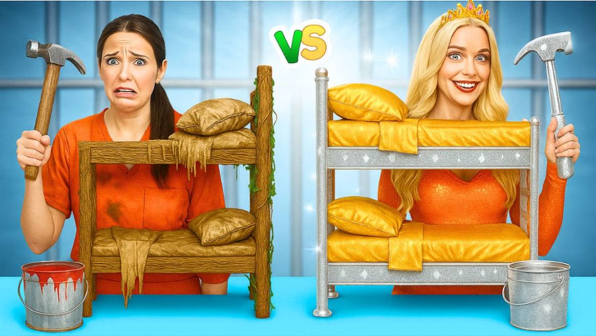 Роскошные vs бюджетные гаджеты в тюрьме 🚨 Кто сделает лучшую комнату? 🏚️✨ смотреть онлайн