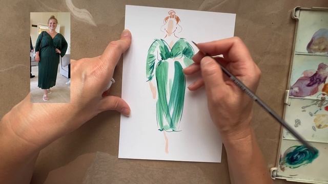 Рисую акварелью скетч дамы в зеленом платье