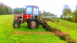 Т-25 с поперечными граблями. Проверил силос в минирулонах. Убрал гнилые валки сена.