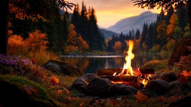 Осенний лесной костер у озера. Расслабляющий звук огня в приятной атмосфере берега озера. смотреть онлайн