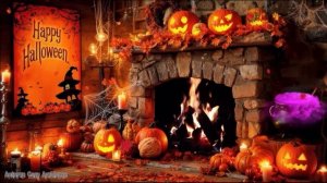 Музыка на Хэллоуин в уютном домике с привидениями, камином и тыквами