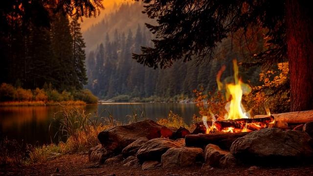 Уютный костер на берегу озера в горах. Успокаивающая атмосфера осенней природы для тихих вечеров. смотреть онлайн