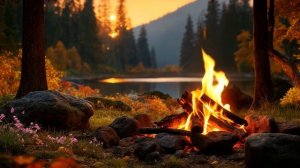 Пламя у озера | Осенний закат у костра с золотыми отблесками природы