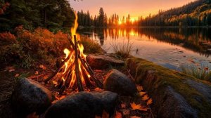 Вы у костра на берегу озера на закате | Осенний вечер, тишина и потрескивание пламени