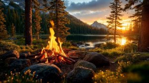 Спокойная атмосфера лесного озера с огнем и восходом солнца. Сон и спокойствие.