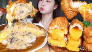 🔥🍲 Мукбанг и Mukbang: Сливочный грибной омлет карри 🤍 Сырная бомба котлета 🧀💣 Рыбная котлета