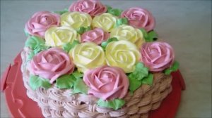 Украшаем ТОРТ Белково заварным кремом Cake decoration КОРЗИНА РОЗ basket of roses
