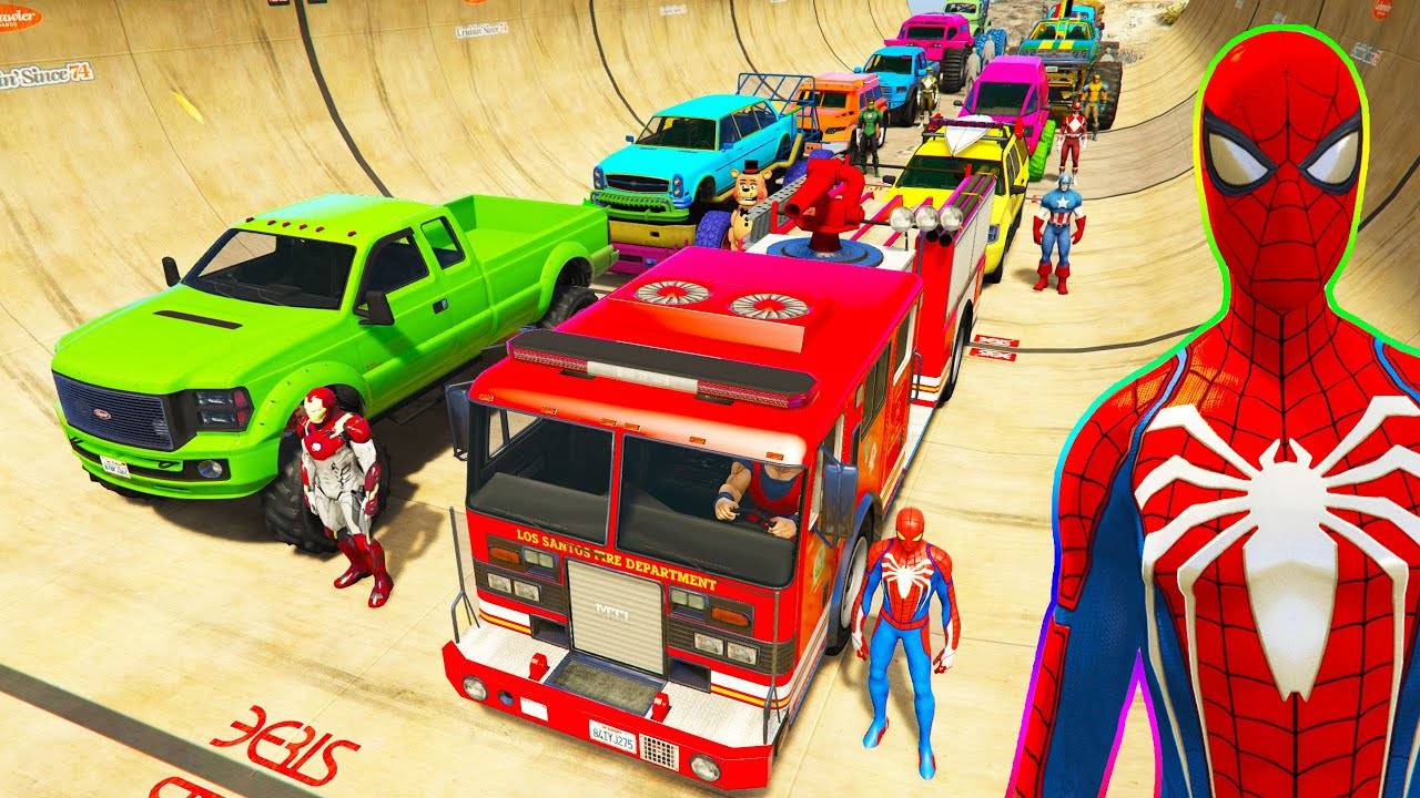 ЧЕЛОВЕК-ПАУК и СУПЕРГЕРОИ ПОЖАРНАЯ МАШИНА и Монстр-траки Прыжки на МЕГА-рампе Мультики про Машинки смотреть онлайн