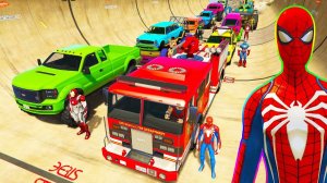 ЧЕЛОВЕК-ПАУК и СУПЕРГЕРОИ ПОЖАРНАЯ МАШИНА и Монстр-траки Прыжки на МЕГА-рампе Мультики про Машинки