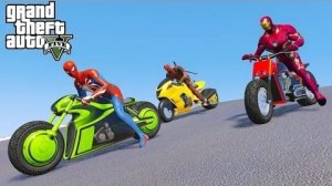 (GTA 5 Mods) Человек-Паук с гоночным испытанием прыгает по трассе с супер мотоциклами