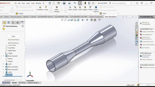 Моделирование эффекта Бернулли в сопле Вентури в CFD in SolidWorks