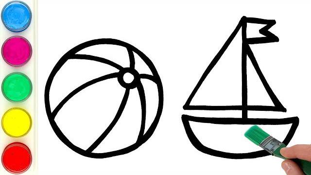 Рисуем мяч и корабль и раскрашиваем их. Малышам и начинающим смотреть онлайн