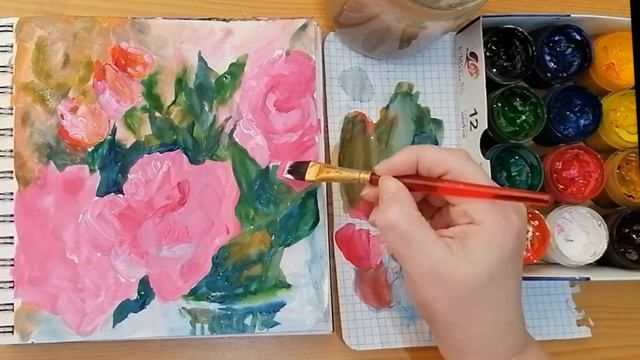 Розовые розы рисую плоской кистью Гуашь Рисование дл смотреть онлайн
