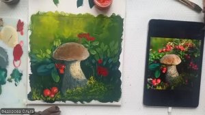 Гуашь. Гриб и брусника