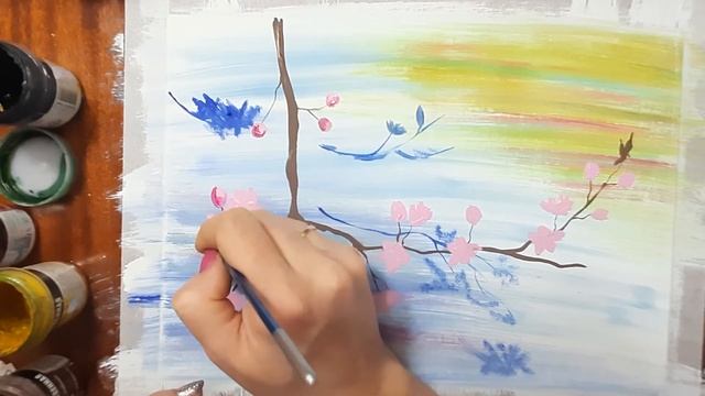 Ветка яблони в цветах, красками гуашь, поэтапно. Цвету?