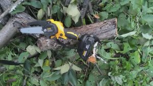 Акуммуляторная цепная мини пила DeWALT  с шиной 6"в работе. Тест на распил толстых стволов.