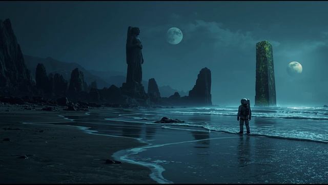 Twin Moons’ Forgotten Shore 🌊🌙 2-Hour Alien Coast Ambience ｜ Ancient Statues Soundscape