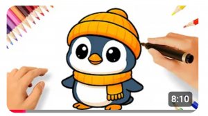 КАК ЛЕГКО НАРИСОВАТЬ КАВАЙНОГО ПИНГВИНА с ШАПОЧКОЙ 🐧💛