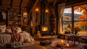 Осенний Джаз в Деревянной Хижине 🍁🔥 Уютный Камин, Кот и Атмосфера Спокойствия