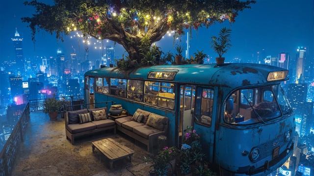 Secret Rooftop Garden in a Cyberpunk City 🚌 Cozy & Peaceful Ambience