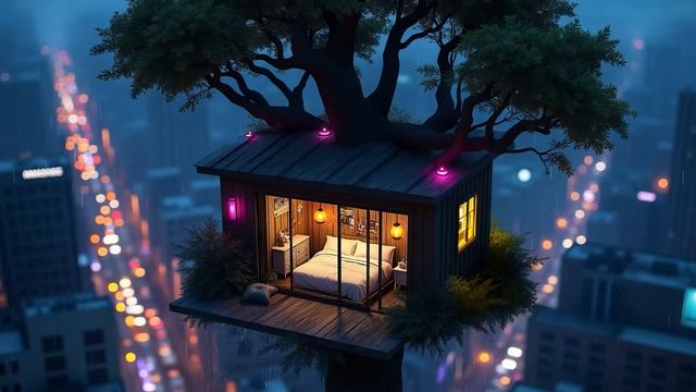 90s Lofi City 💜 Treehouse Lofi Chill for Rainy Nights ☔ Lofi Rain Playlist (2160p_30fps_AV1-128kbit