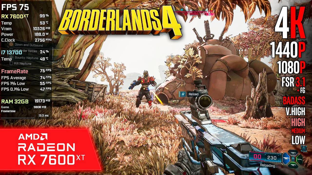 RX 7600 XT ｜ Borderlands 4 - 4K, 1440p, 1080p, FSR 3.1 + FG - Badass, V.High, High, Medium, Low