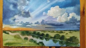 Пейзаж с красивыми облаками акварелью в технике алла прима