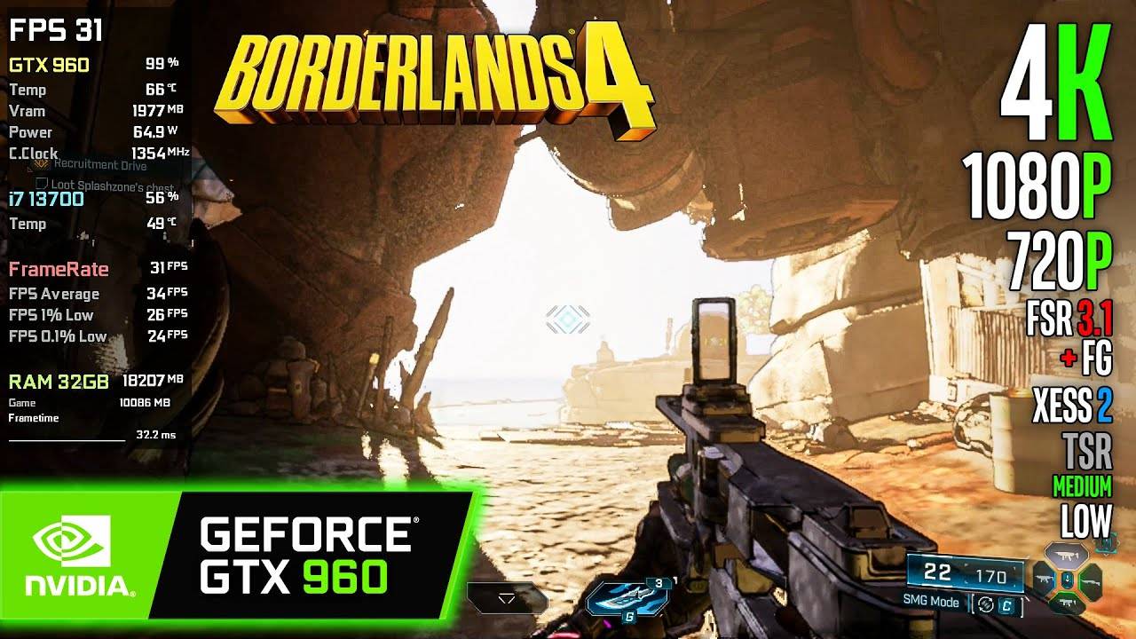 GTX 960 + Intel Core i7 13700 Borderlands 4 - 4K, 1080p, 720p, FSR 3.1, TSR, XeSS 2 - Medium, Low
