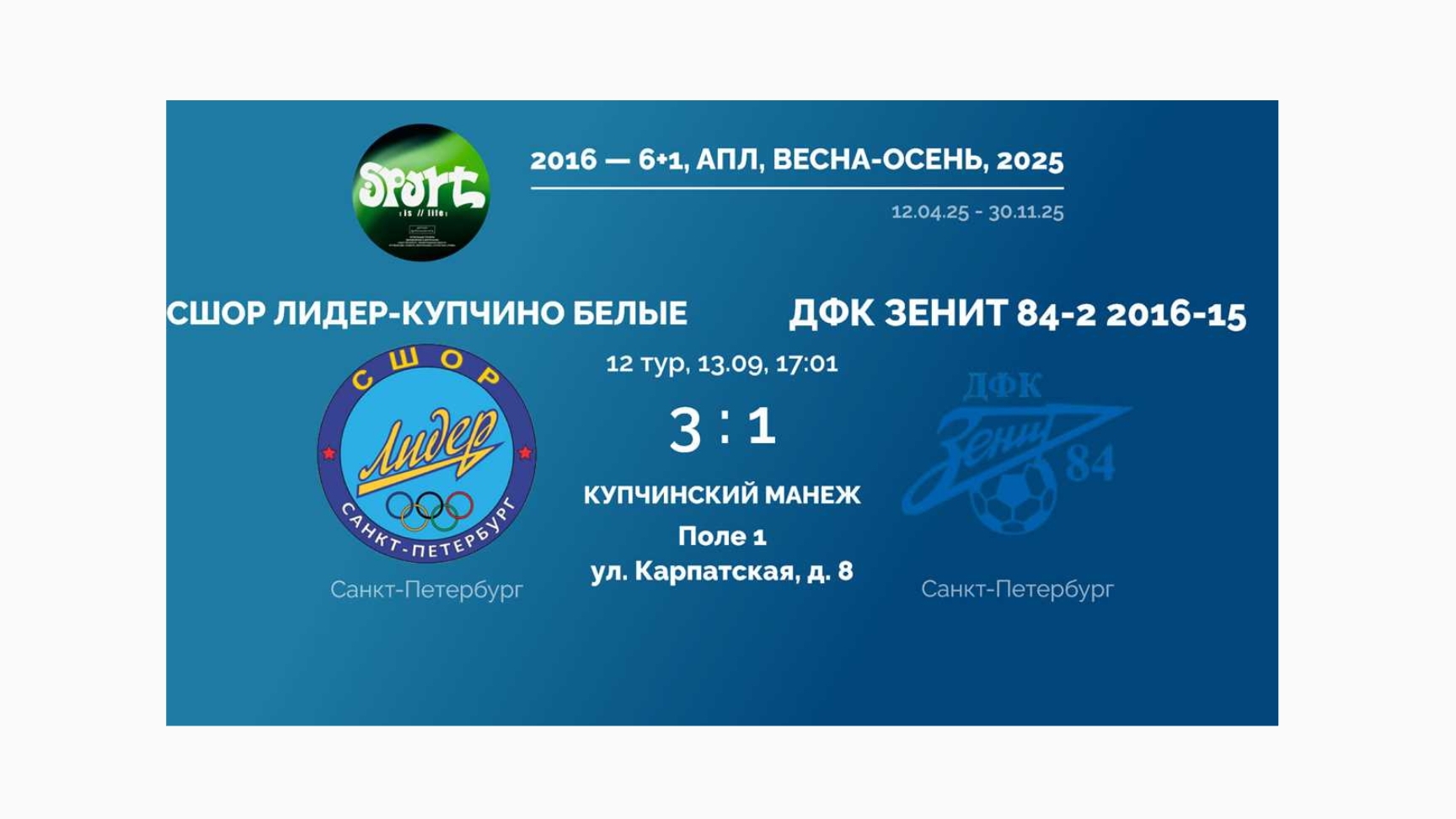 13.09.25 Лидер Купчино белые - ДФК Зенит 84-2 счет 3-1